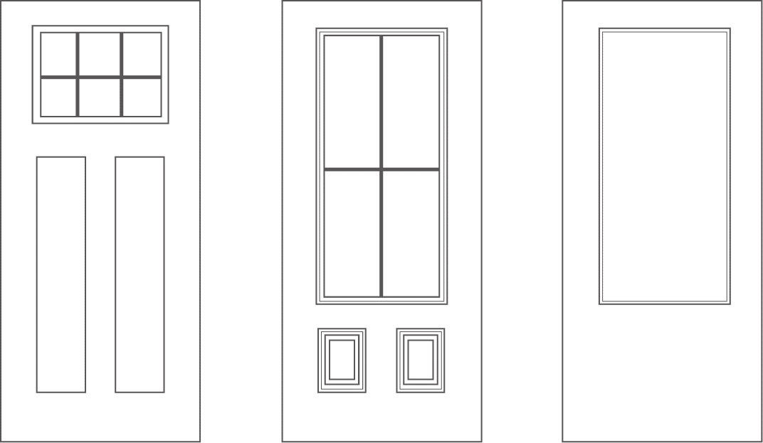 Three black door outlines: the left door has four glass panes on top and two panels below, the middle door has a large window with two panels at the bottom, and the right door has a plain, large rectangular window.