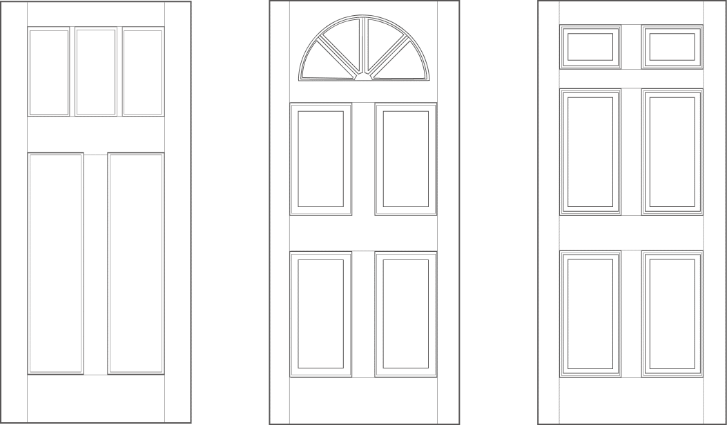 Three black-and-white outlined door designs: the left door has four rectangular panels, the center door has four panels with an arched window on top, and the right door has six rectangular panels.