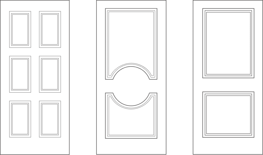 Three black door designs outlined in white. The left door has six rectangular panels, the middle door features four panels with a circle in the center, and the right door has two large rectangular panels.