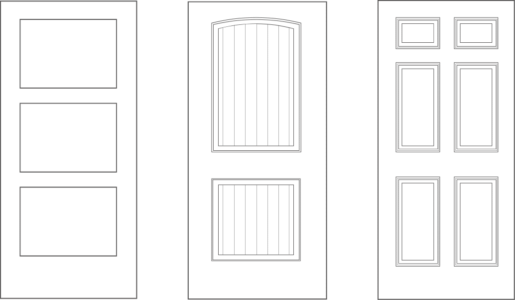 Three black-and-white door designs: one with three rectangular panels, one with an arched top panel and a vertical panel below, and one with six rectangular panels arranged in two columns.