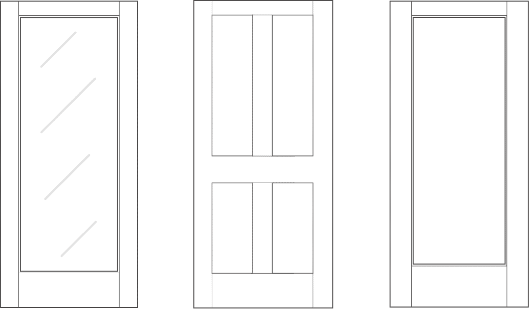 Three door designs: left door with five diagonal glass panes, center door with four rectangular panels, right door with a full-length glass pane and a rectangular panel at the bottom.