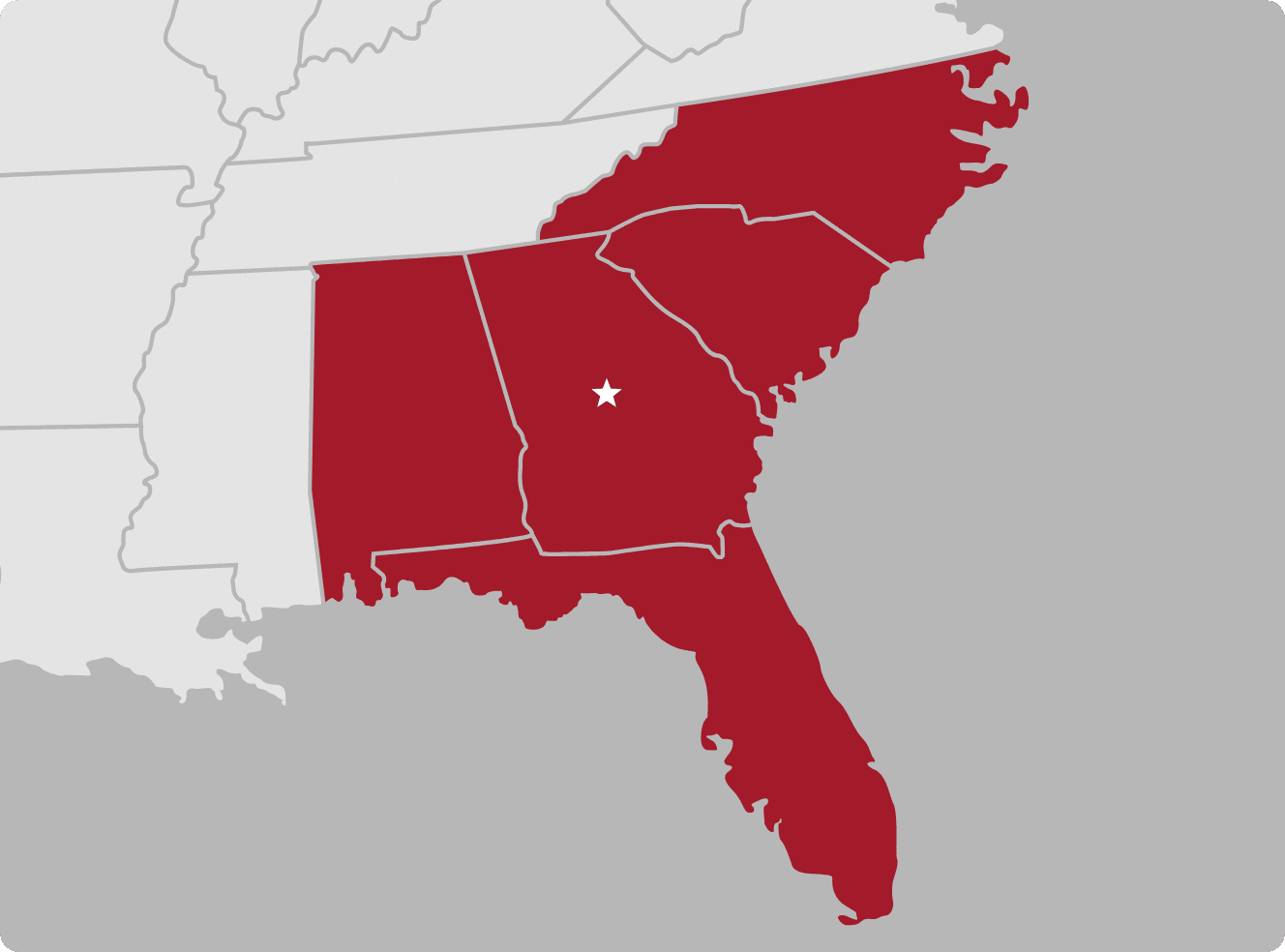 A map highlighting the southeastern U.S. states of Alabama, Georgia, South Carolina, and Florida in red with a white star marking a location in central Georgia. Surrounding states are shown in gray.