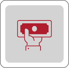 Red icon of a hand holding a rectangular banknote, centered on a gray background with a rounded square border.