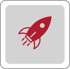 A simple red rocket icon with a circular window launching upward with lines indicating motion centered on a light gray rounded square background.