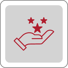 A red outline of an open hand with three red stars hovering above it, set against a light gray square background with rounded corners.