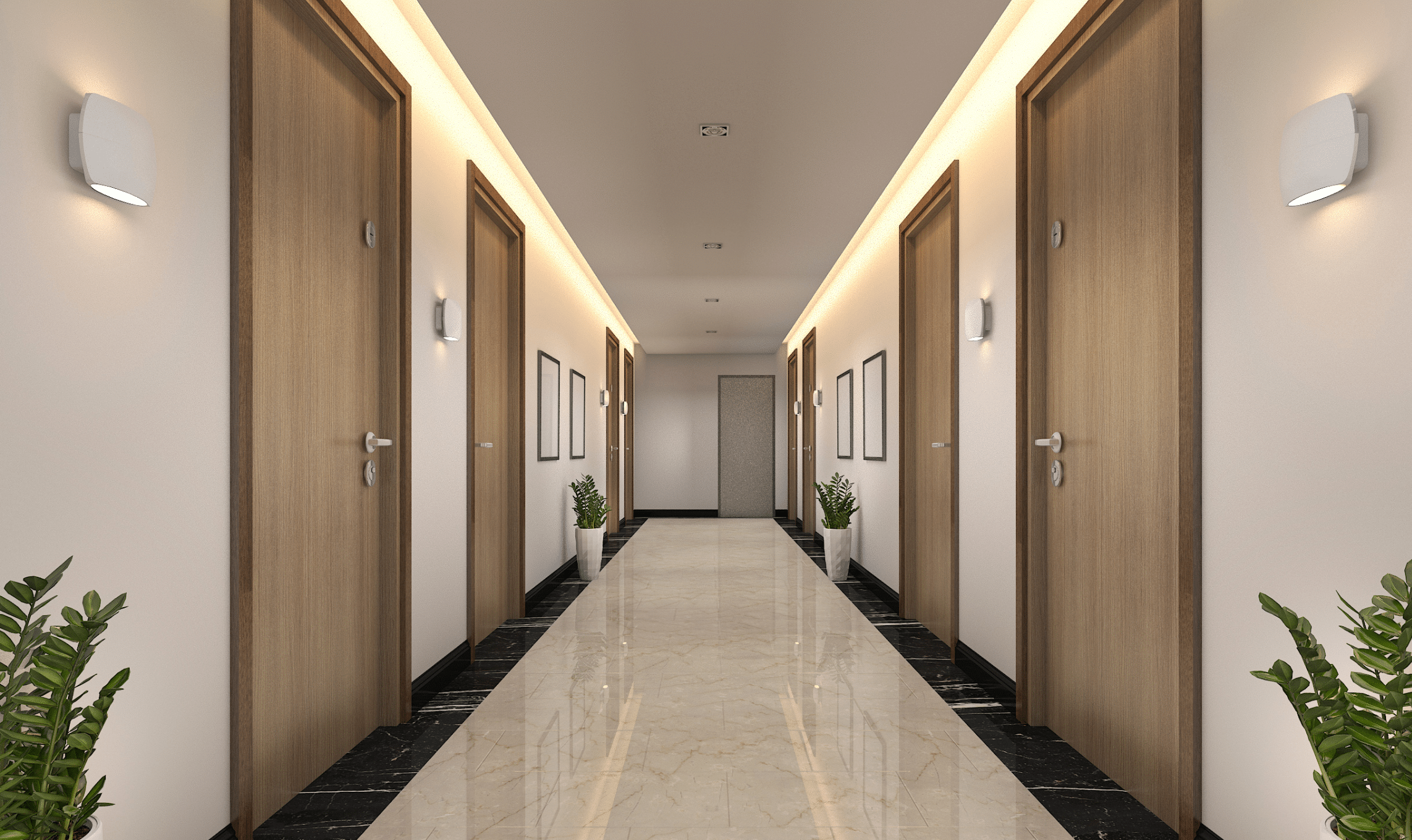 A modern hallway with shiny marble floors, light-colored walls, wooden doors on both sides, wall lights, framed pictures, and green potted plants at the ends. The corridor leads to a door at the far end.