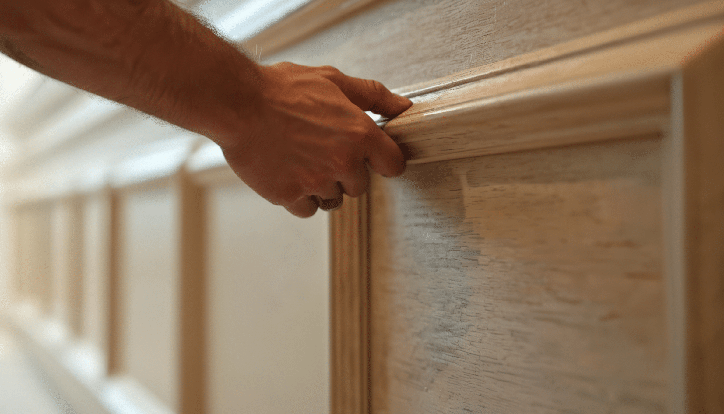 A close-up of a person's hand installing or adjusting a wooden trim on a paneled wall, highlighting detailed woodwork and craftsmanship.