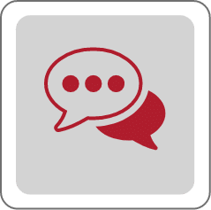 Two overlapping speech bubbles, one outlined and one solid, both in red, appear on a light gray square background with a rounded black border. The outlined bubble contains three red dots.